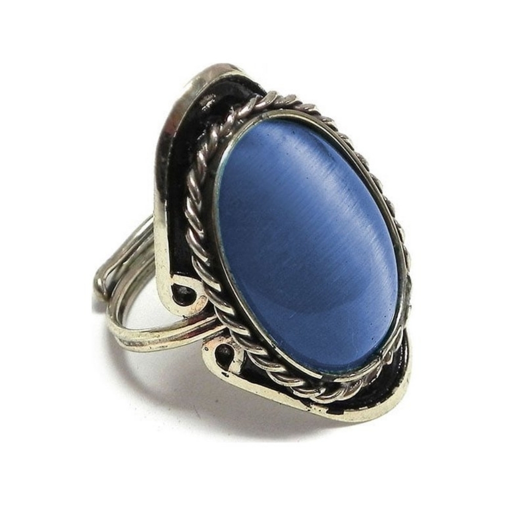 Oval Shaped Cat's Eye Glass Bead Cabochon Silver Metal Border Adjustable Ring